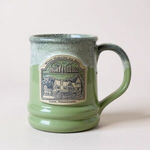 Deneen Pottery Coffee Mug Green Drip Glaze Hand Thrown Rook Wood Inn Lenox Mass